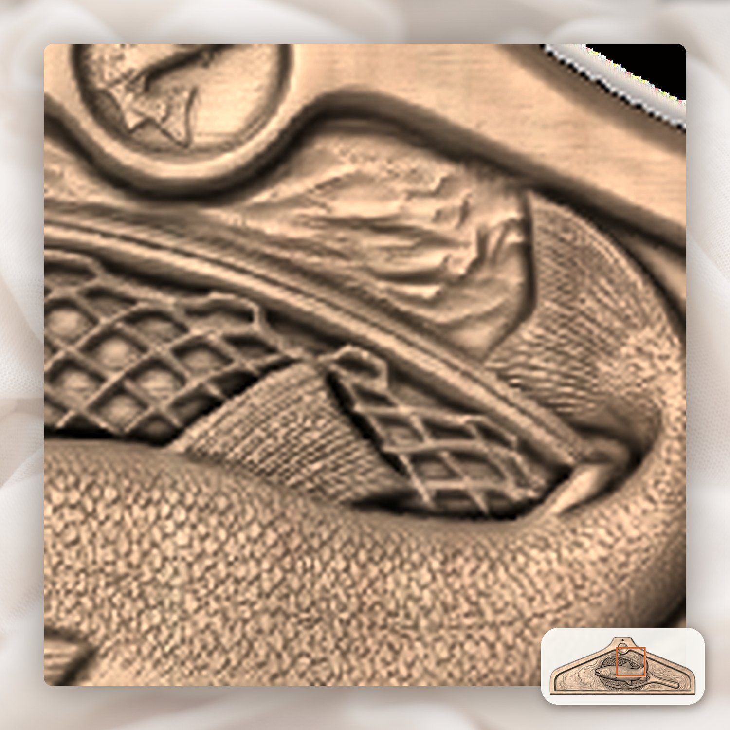 Coat hanger Brown Trout Landing Net Fishing Scene CNC Relief STL bas-relief STL — view 10