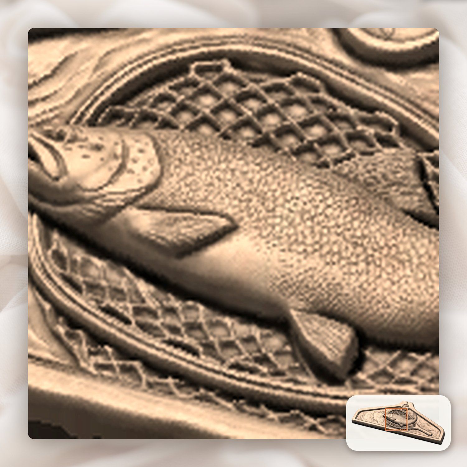 Coat hanger Brown Trout Landing Net Fishing Scene CNC Relief STL bas-relief STL — view 11