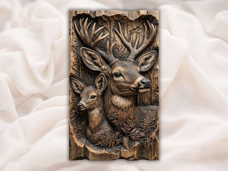 Carved wood relief of an antlered buck and a doe surrounded by ferns and forest trees