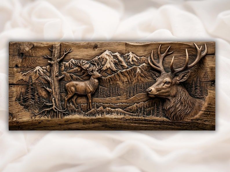 Bas-relief wood carving of a stag head and standing buck with mountains and pine forest on a plank.