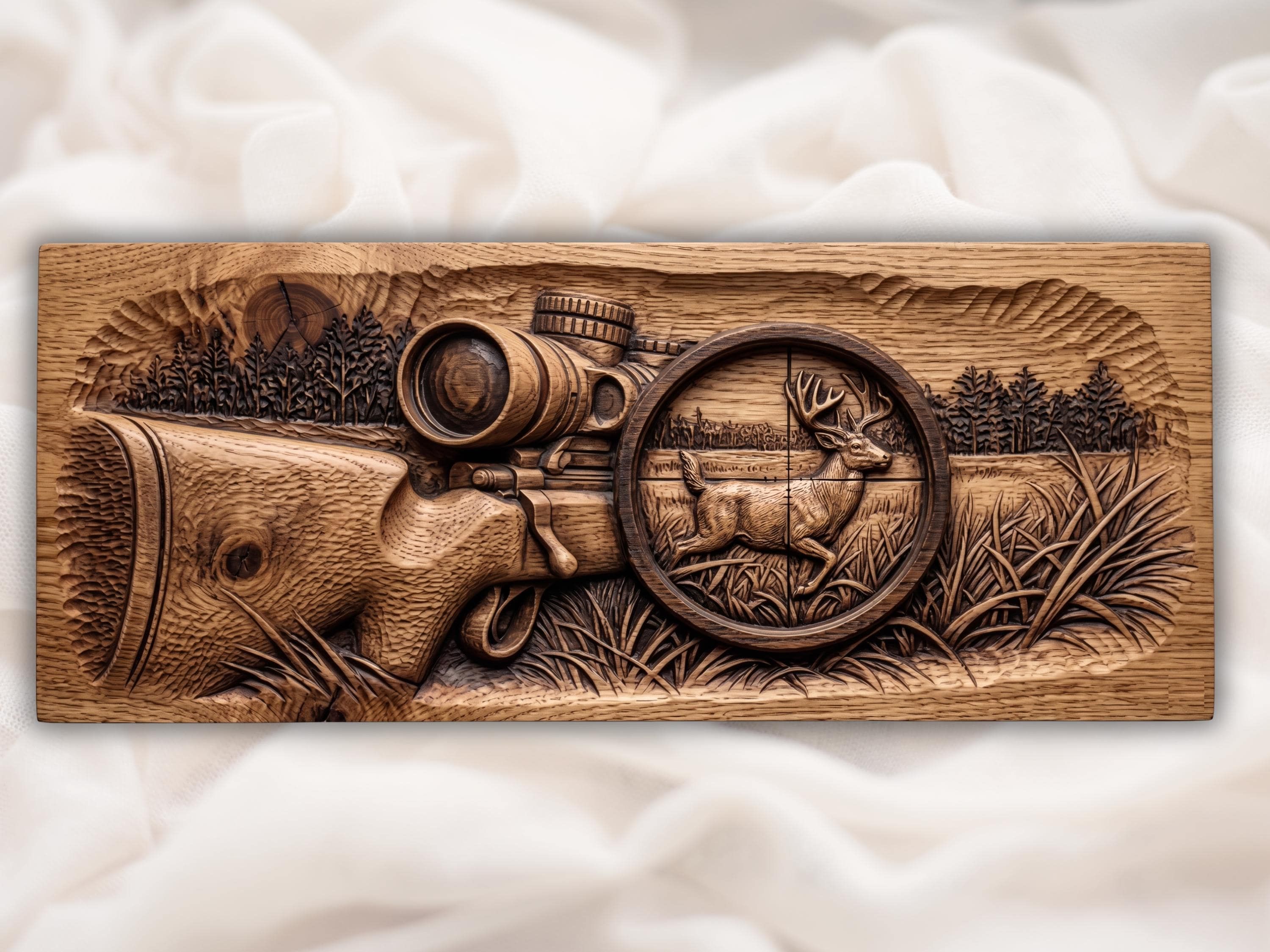 Wood bas-relief carving of a bolt-action rifle and scope framing a running buck deer in tall grass