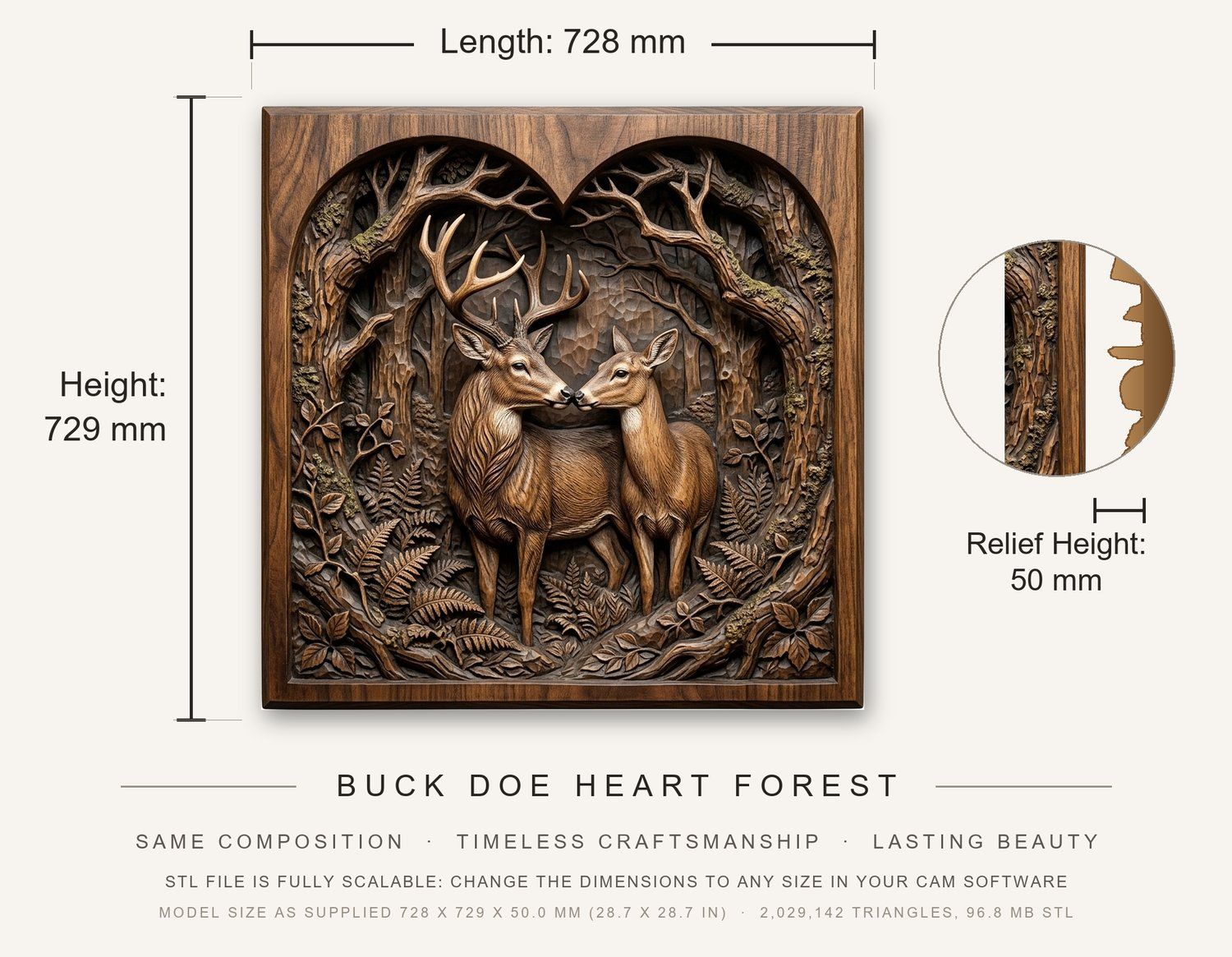 Buck Doe Heart Forest CNC Relief STL bas-relief STL — view 3