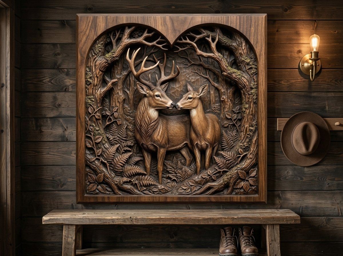 Buck Doe Heart Forest CNC Relief STL bas-relief STL — view 14