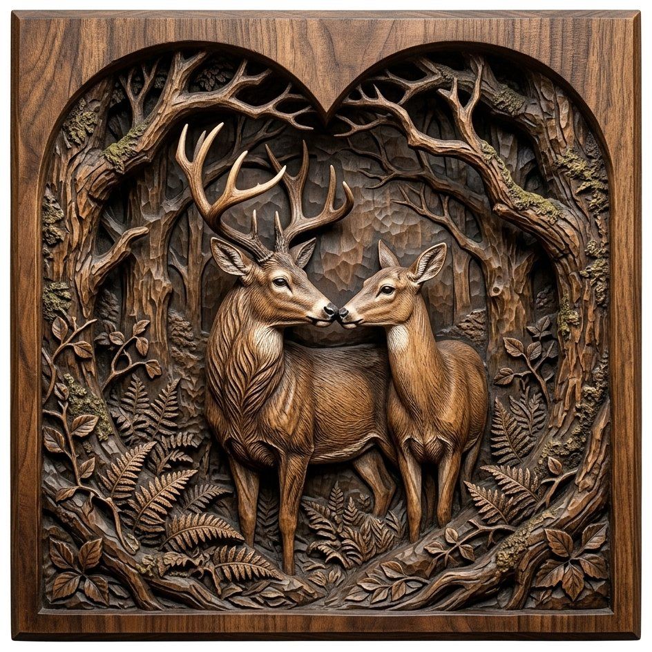 Buck Doe Heart Forest CNC Relief STL bas-relief STL — view 4