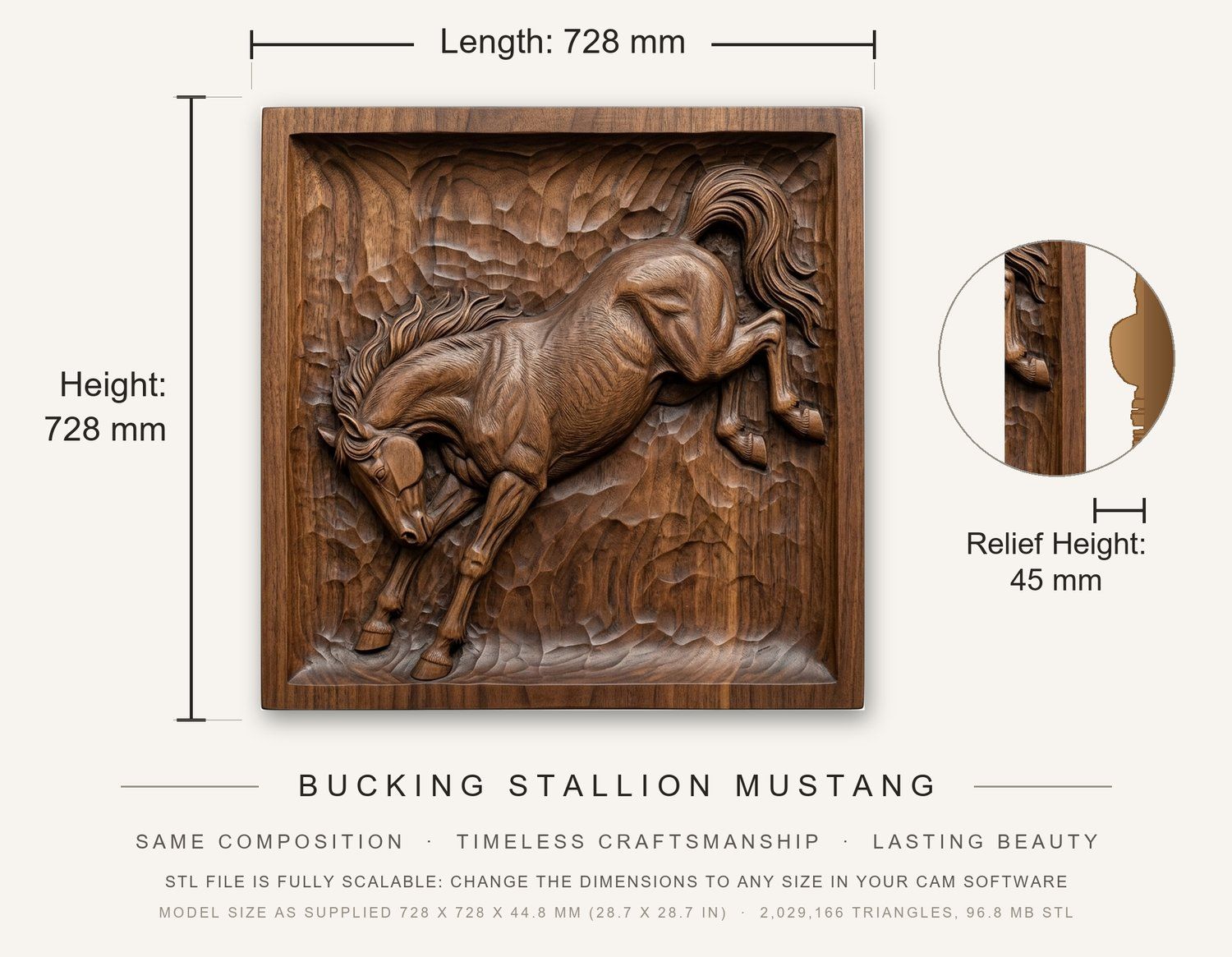 Bucking Stallion Mustang CNC Relief STL bas-relief STL — view 3