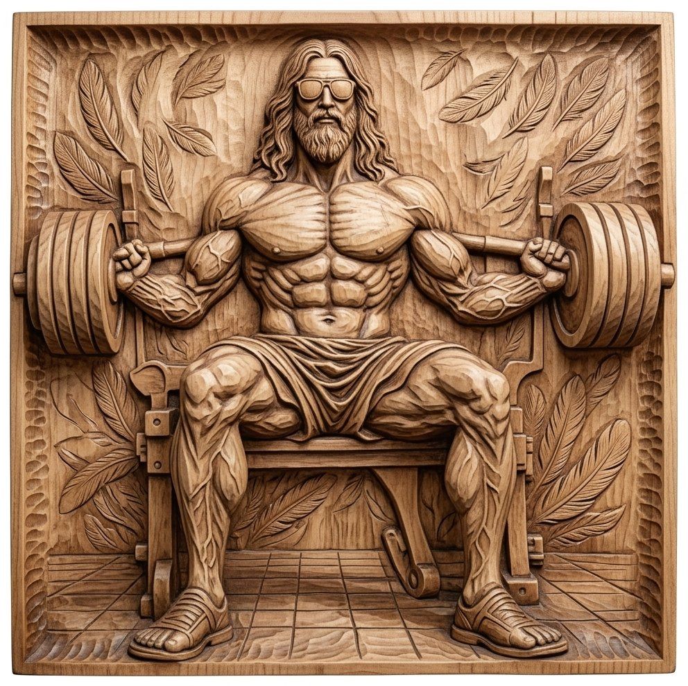 Buff Weightlifting Gym God CNC Relief STL | Funny Fitness Decor | Muscular Bodybuilder Wall Art | Masculine Woodworking Design — carved bas relief STL file for CNC