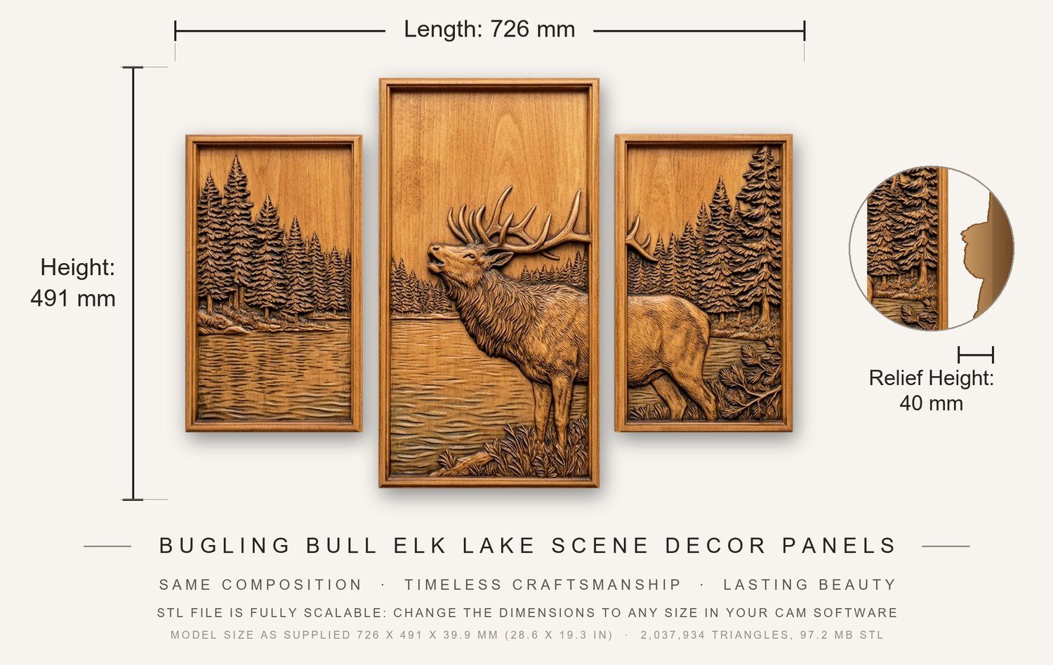 Bugling Bull Elk Lake Scene Decor Panels, 3 Stepped Vertical CNC Relief STL bas-relief STL — view 3