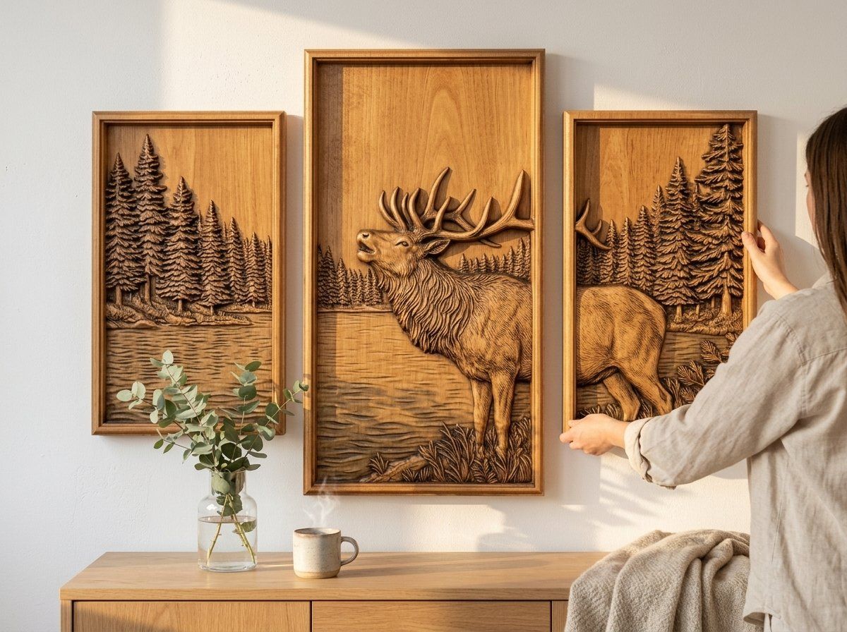 Bugling Bull Elk Lake Scene Decor Panels, 3 Stepped Vertical CNC Relief STL bas-relief STL — view 11