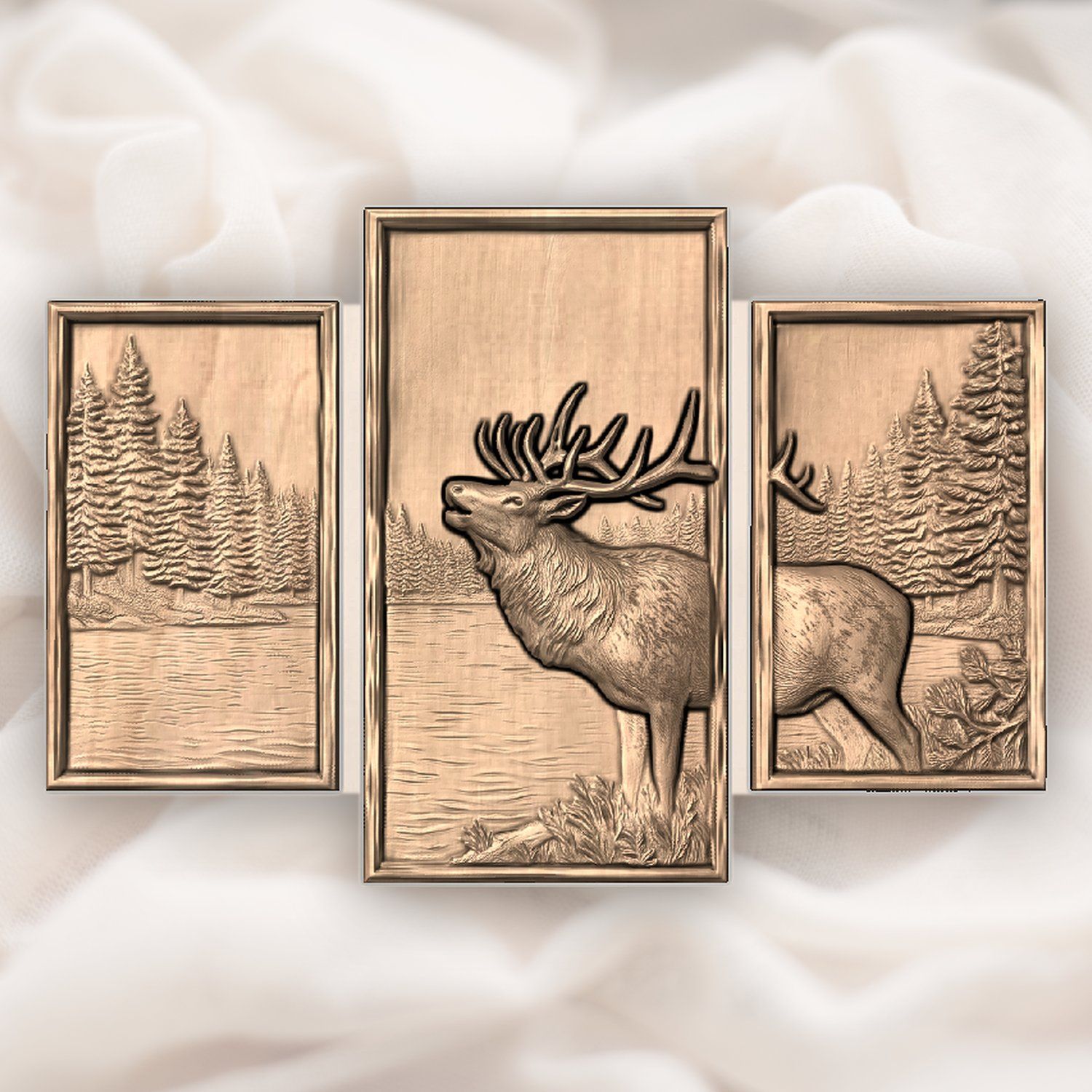 Bugling Bull Elk Lake Scene Decor Panels, 3 Stepped Vertical CNC Relief STL bas-relief STL — view 4