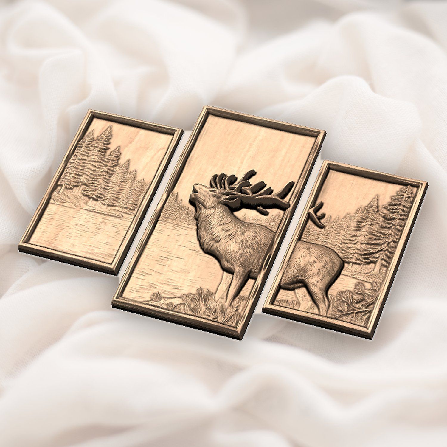 Bugling Bull Elk Lake Scene Decor Panels, 3 Stepped Vertical CNC Relief STL bas-relief STL — view 5