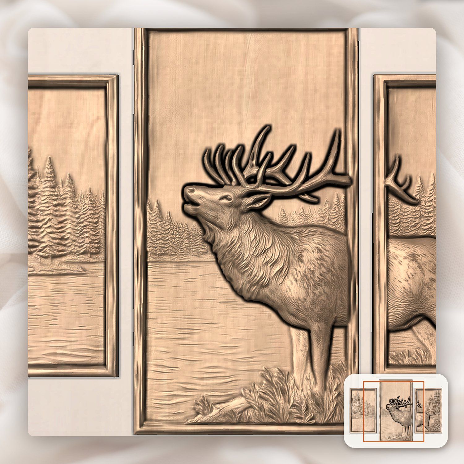 Bugling Bull Elk Lake Scene Decor Panels, 3 Stepped Vertical CNC Relief STL bas-relief STL — view 6