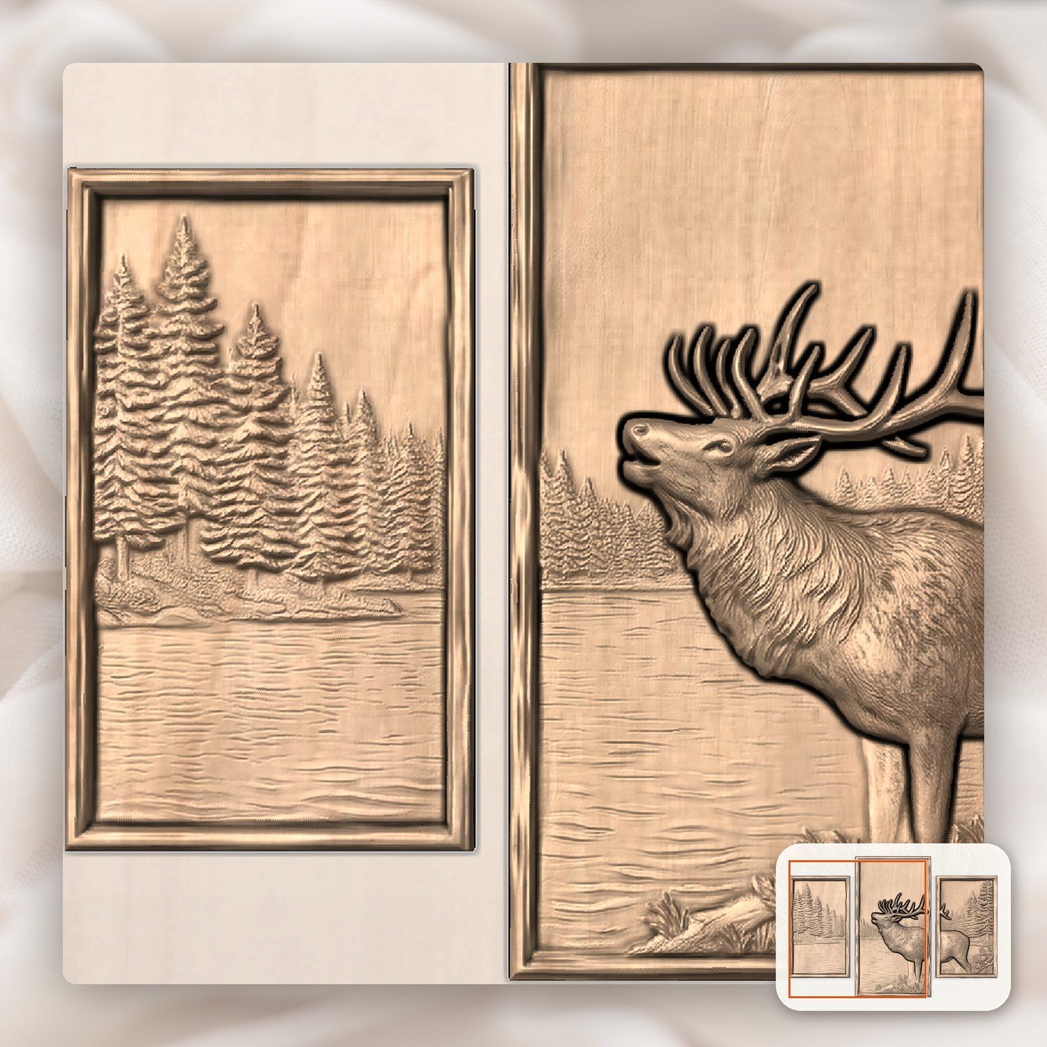Bugling Bull Elk Lake Scene Decor Panels, 3 Stepped Vertical CNC Relief STL bas-relief STL — view 8