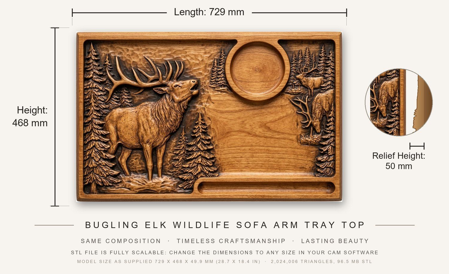 Bugling Elk Wildlife Sofa Arm Tray Top CNC Relief STL bas-relief STL — view 3