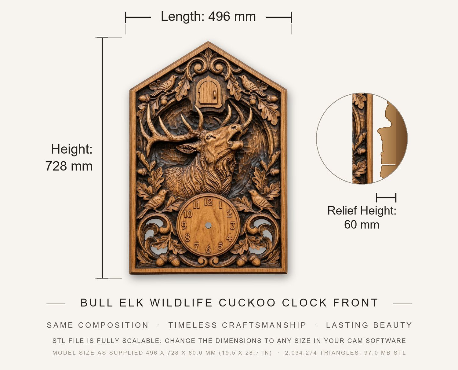 Bull Elk Wildlife Cuckoo Clock Front CNC Relief STL bas-relief STL — view 3
