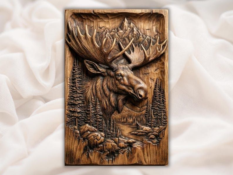 Bull Moose in the Mountains Bas-Relief STL Wildlife Carving bas-relief STL design