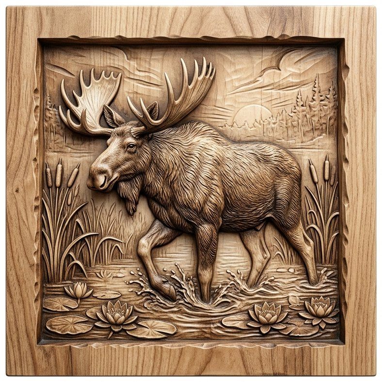 Bull Moose Marshland Sunrise CNC Relief STL bas-relief STL — view 13