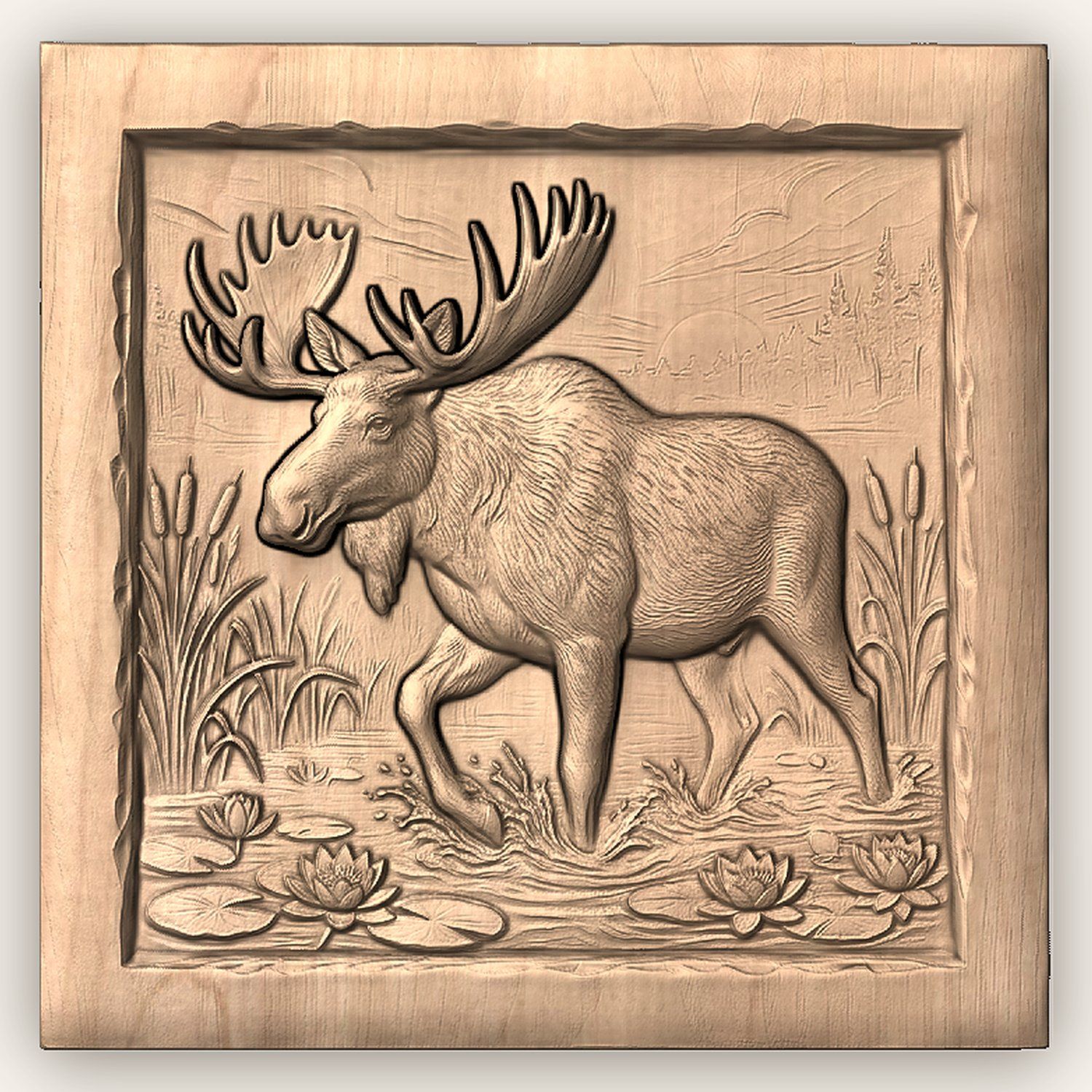Bull Moose Marshland Sunrise CNC Relief STL bas-relief STL — view 3