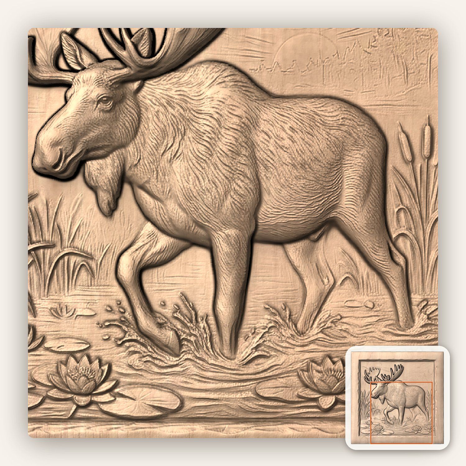 Bull Moose Marshland Sunrise CNC Relief STL bas-relief STL — view 7