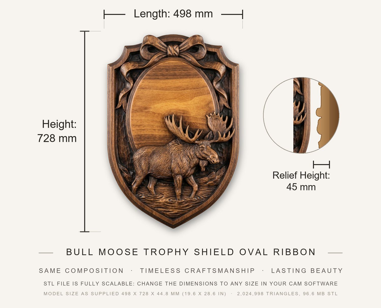 Bull Moose Trophy Shield Oval Ribbon CNC Relief STL bas-relief STL — view 3