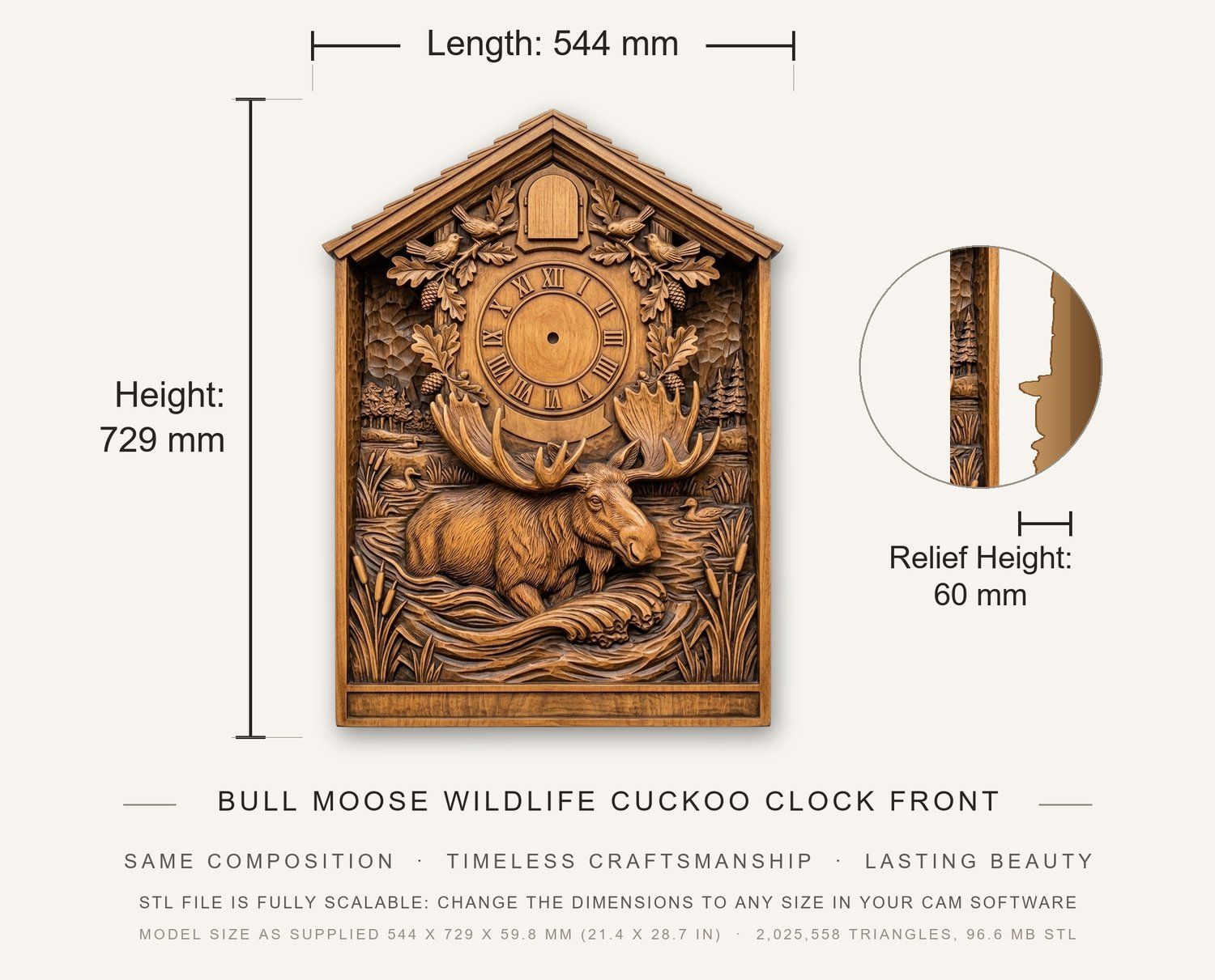 Bull Moose Wildlife Cuckoo Clock Front CNC Relief STL bas-relief STL — view 3