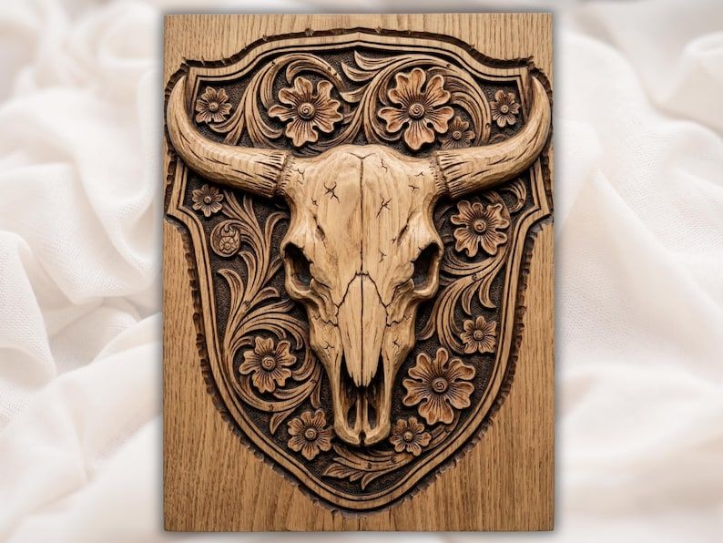 Carved longhorn bull skull centered on a floral scroll shield plaque in wood, bas-relief design