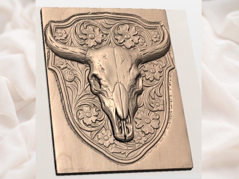 Longhorn Bull Skull on Floral Shield Bas-Relief STL bas-relief STL — view 2