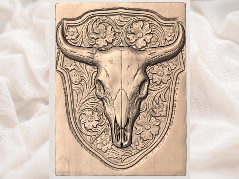 Longhorn Bull Skull on Floral Shield Bas-Relief STL bas-relief STL — view 3