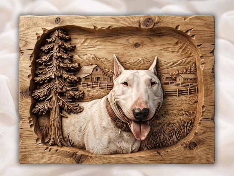 Carved wood bas-relief of a smiling Bull Terrier with a barn, pine tree, fence, and mountains behind it