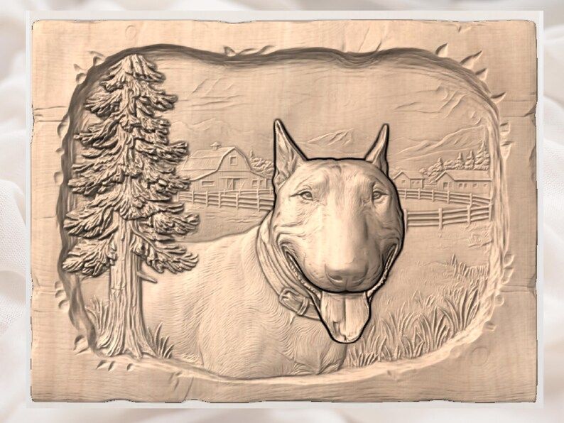 Smiling Bull Terrier on a Rustic Farm Bas-Relief STL bas-relief STL — view 2