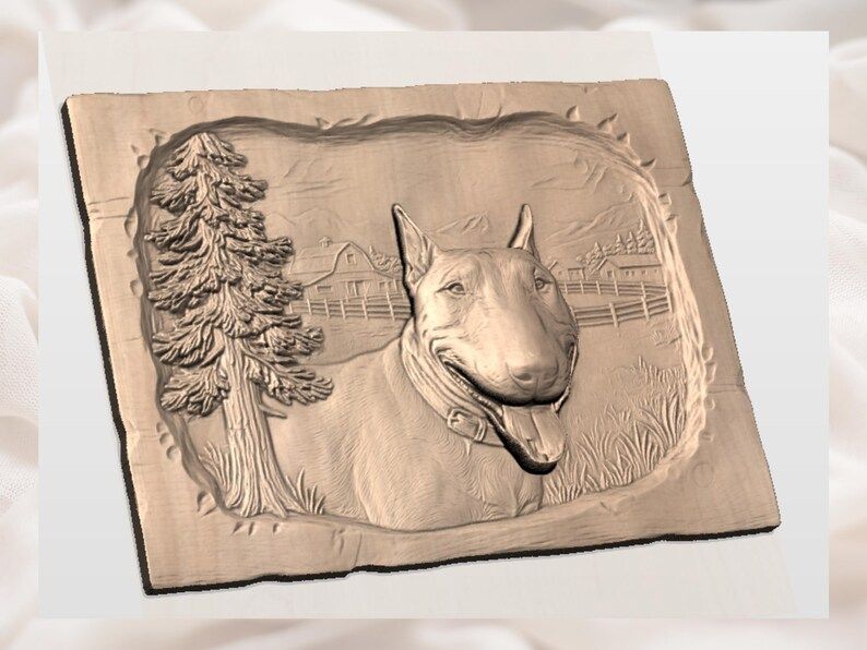 Smiling Bull Terrier on a Rustic Farm Bas-Relief STL bas-relief STL — view 3