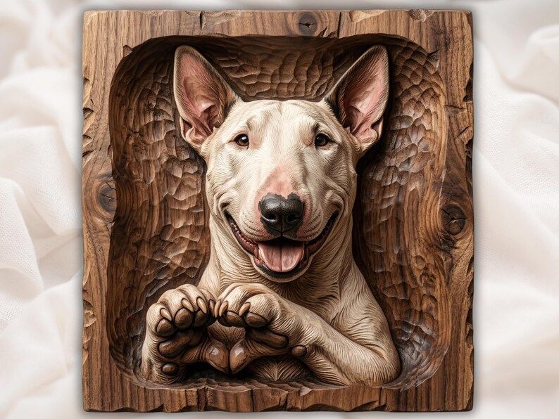 Carved wood bas-relief of a smiling Bull Terrier with ears up and front paws crossed into a heart.