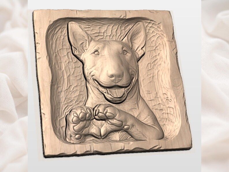 Smiling Bull Terrier Bas-Relief STL with Heart-Shaped Paws bas-relief STL — view 2