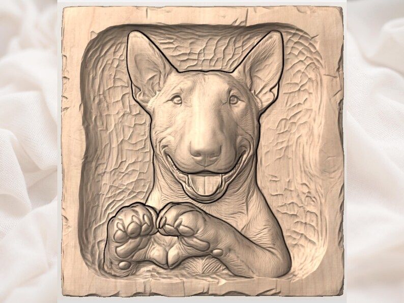 Smiling Bull Terrier Bas-Relief STL with Heart-Shaped Paws bas-relief STL — view 3