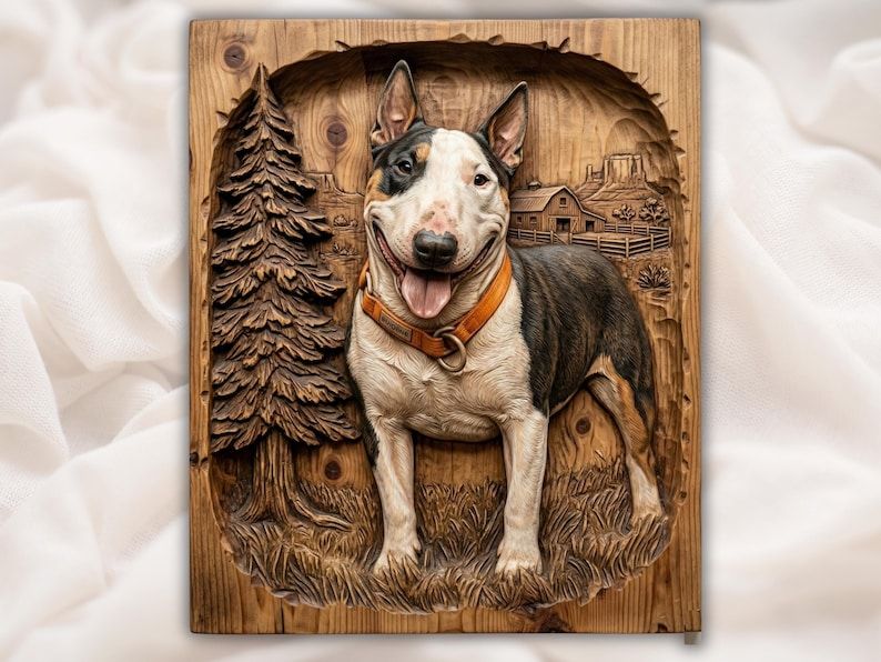 Carved wood bas-relief of a Bull Terrier with a collar standing on a farm with a barn and pine tree