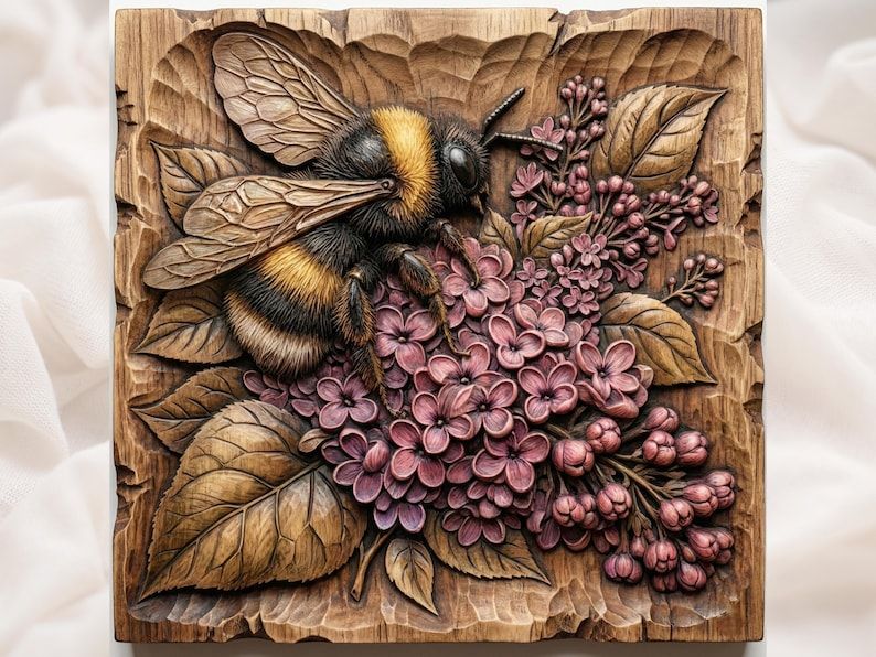 Carved wood bas-relief of a fuzzy bumblebee resting on a cluster of pink lilac flowers and leaves