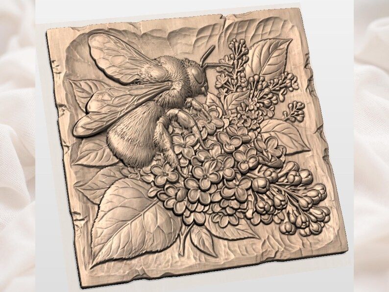 Bumblebee Resting on Lilac Blossoms Bas-Relief STL bas-relief STL — view 2