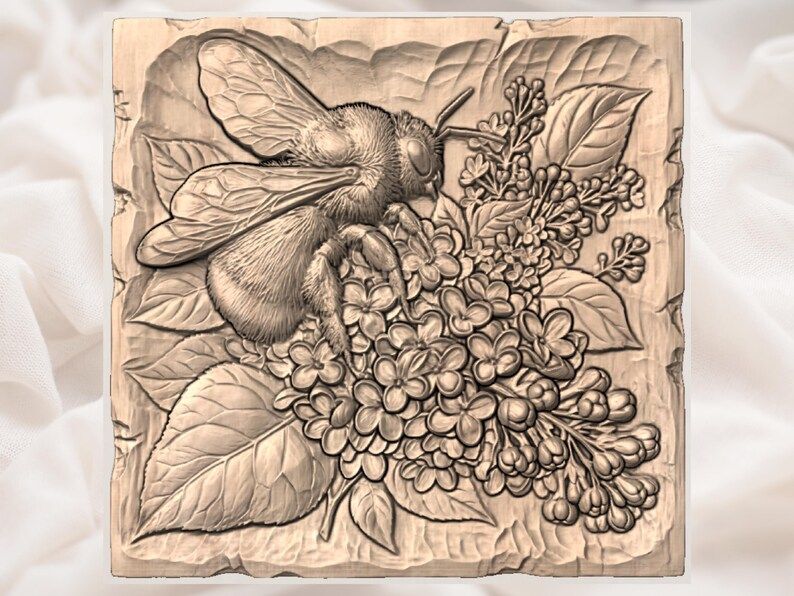 Bumblebee Resting on Lilac Blossoms Bas-Relief STL bas-relief STL — view 3
