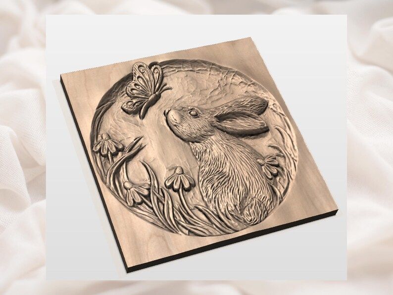 Curious Bunny and Butterfly Round Bas-Relief STL Carving bas-relief STL — view 2