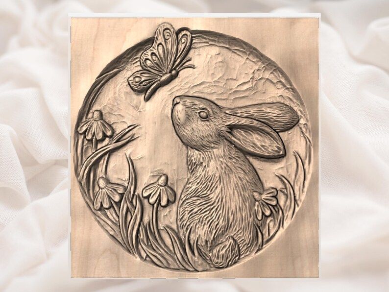 Curious Bunny and Butterfly Round Bas-Relief STL Carving bas-relief STL — view 3