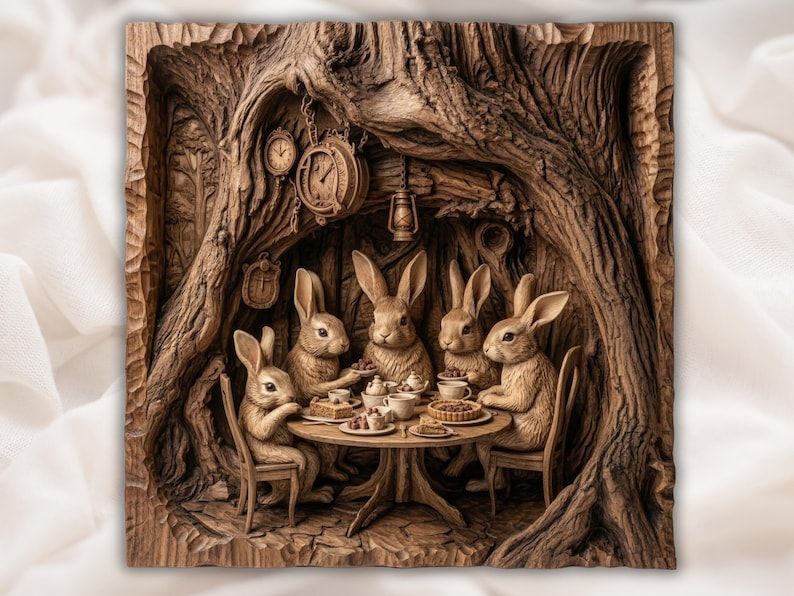 Carved wood relief of five rabbits having a tea party with cakes and teacups inside a hollow tree