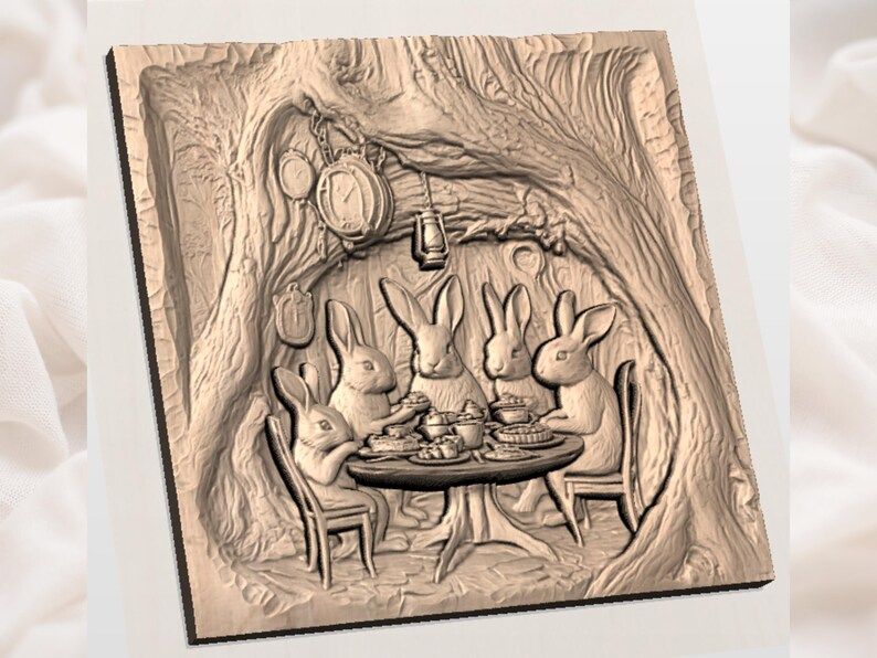 Bunny Tea Party Inside a Hollow Tree Bas-Relief STL bas-relief STL — view 2