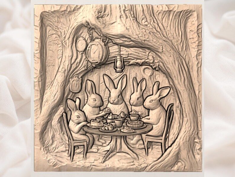 Bunny Tea Party Inside a Hollow Tree Bas-Relief STL bas-relief STL — view 3