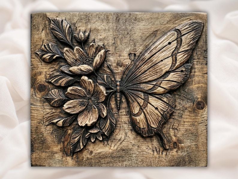 Carved wood relief of a butterfly with one wide wing beside a cluster of blooming flowers and leaves