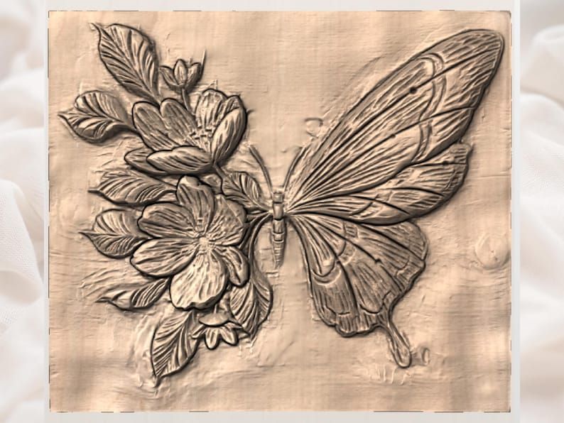 Butterfly and Blooming Flowers Bas-Relief STL for CNC Carving bas-relief STL — view 3