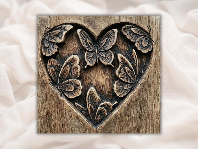 Carved wood bas-relief of six butterflies arranged inside a recessed heart shape with visible grain