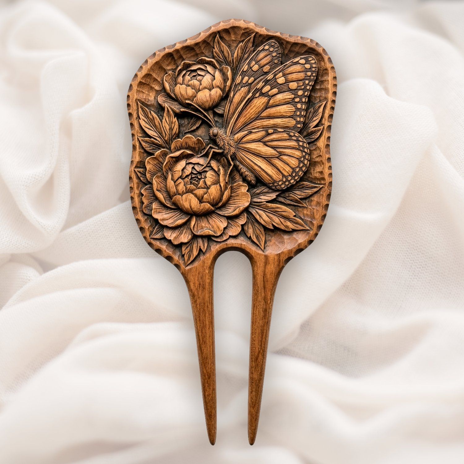 Butterfly Peonies Hair Fork CNC Relief STL bas-relief STL — view 2