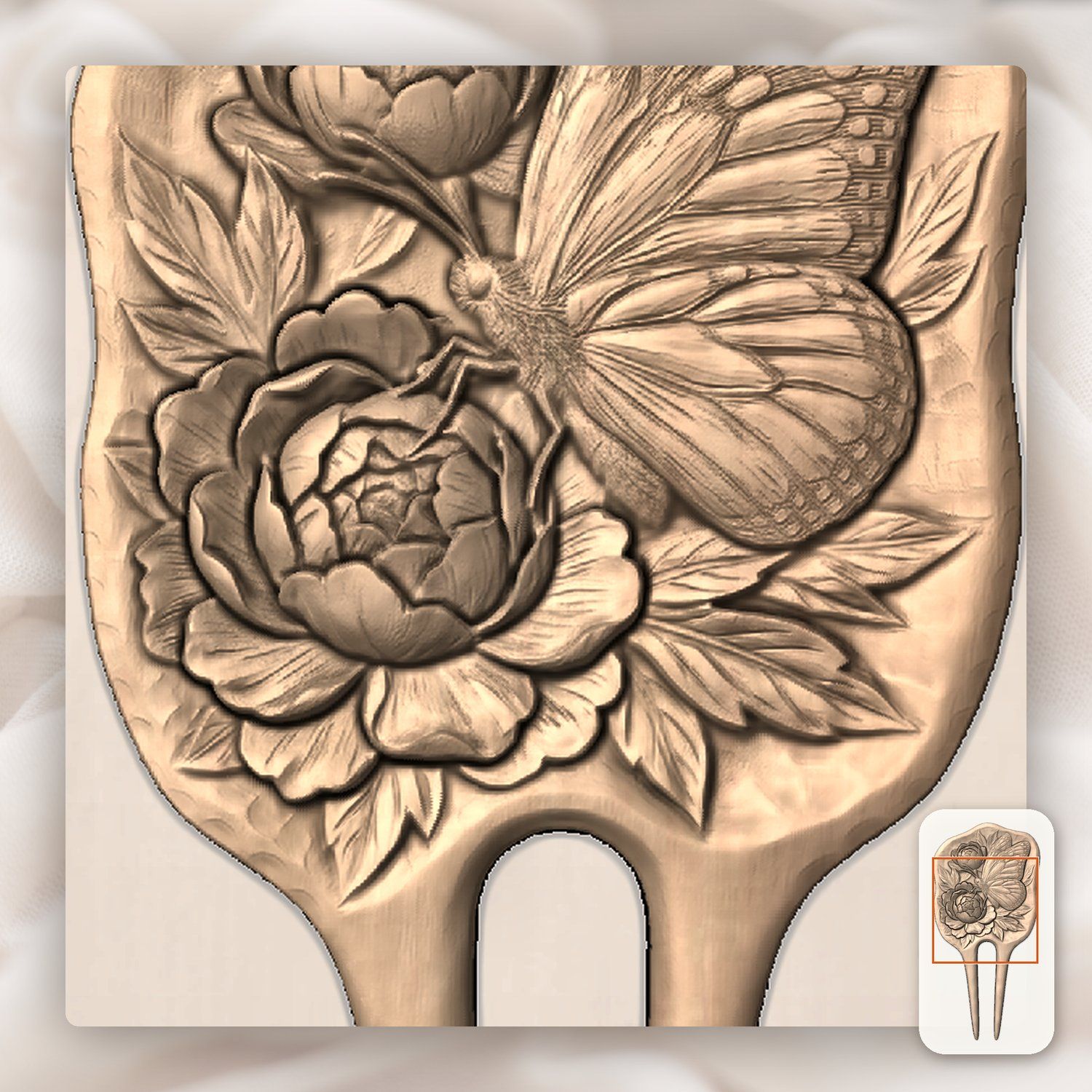 Butterfly Peonies Hair Fork CNC Relief STL bas-relief STL — view 7