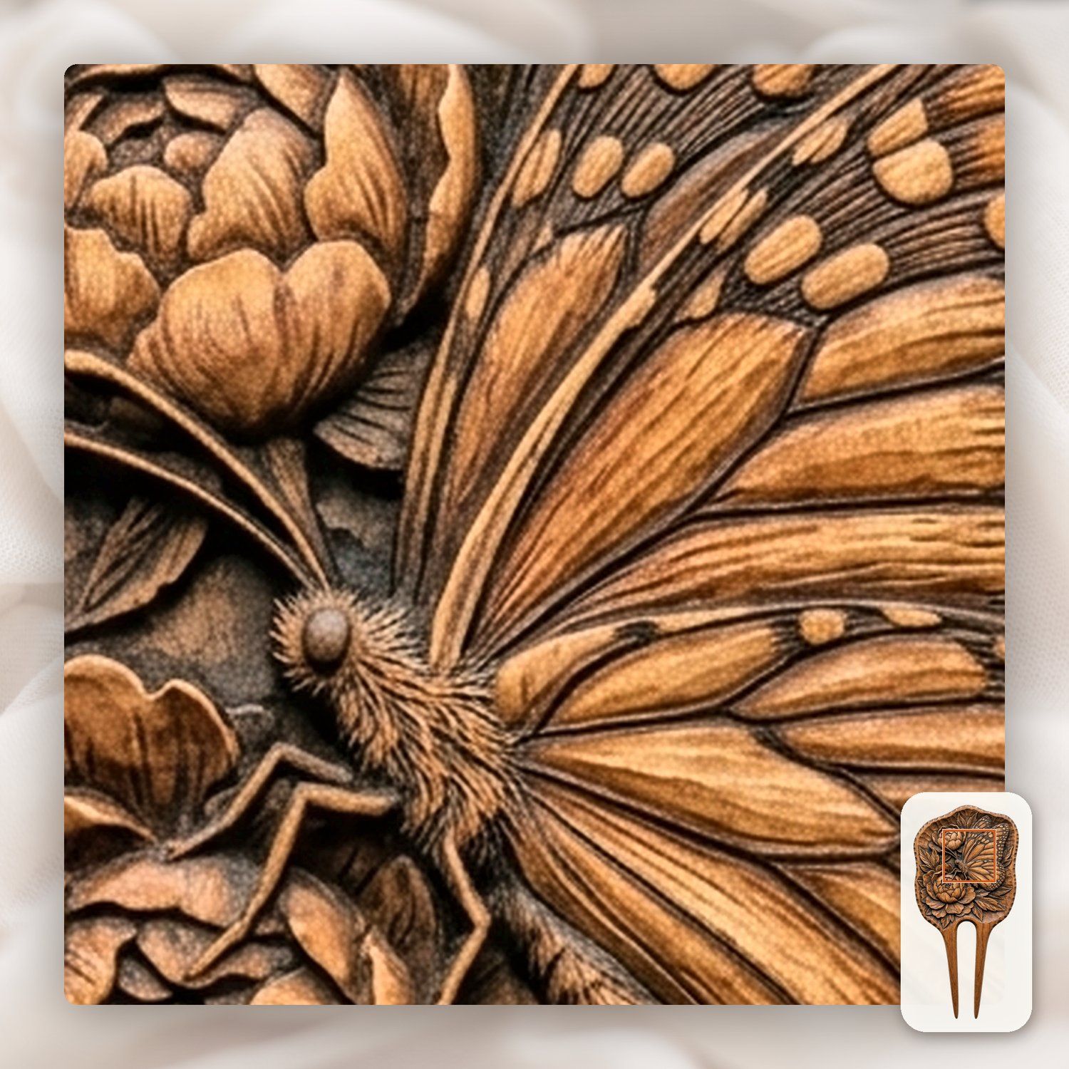 Butterfly Peonies Hair Fork CNC Relief STL bas-relief STL — view 10