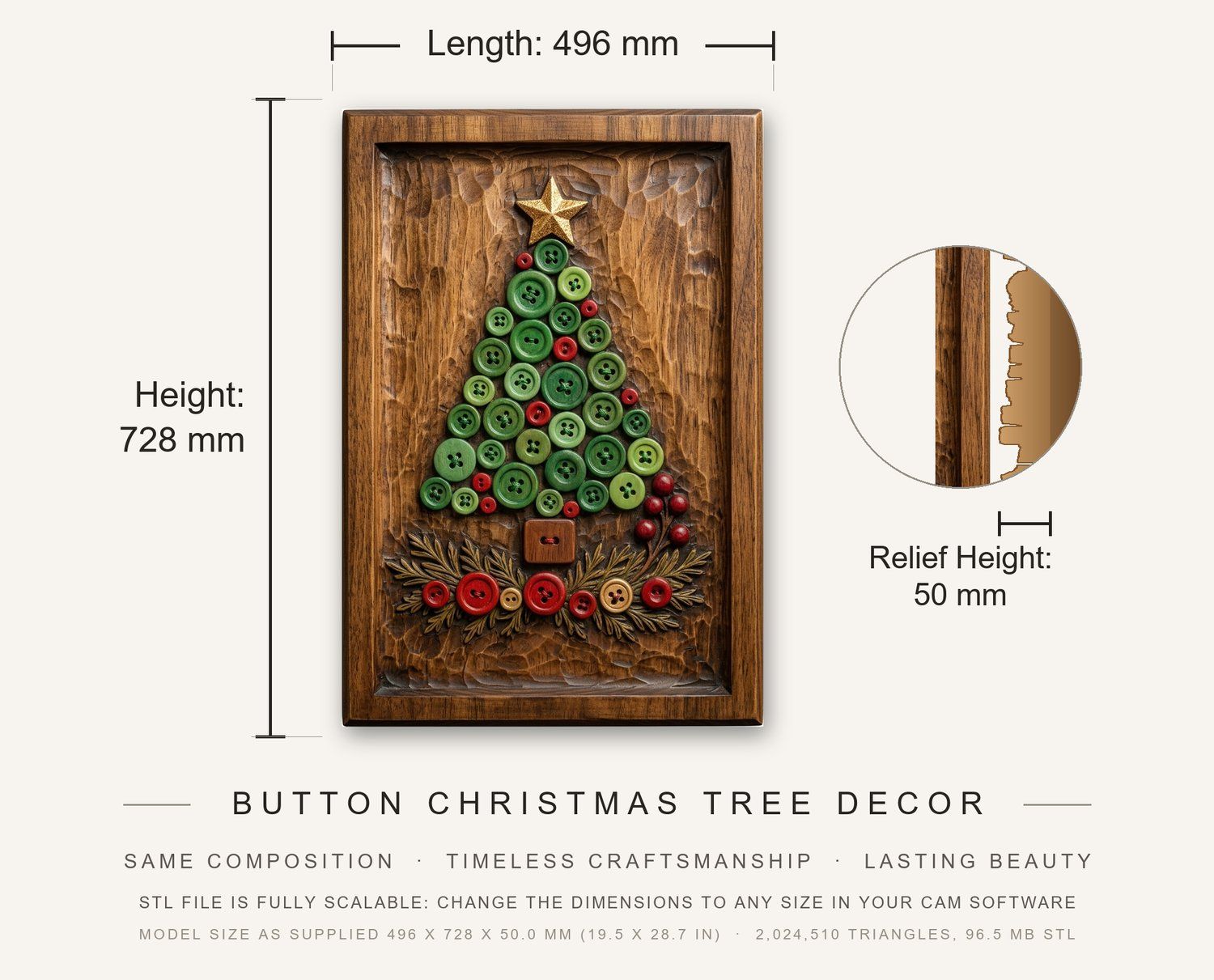 Button Christmas Tree Decor CNC Relief STL bas-relief STL — view 3