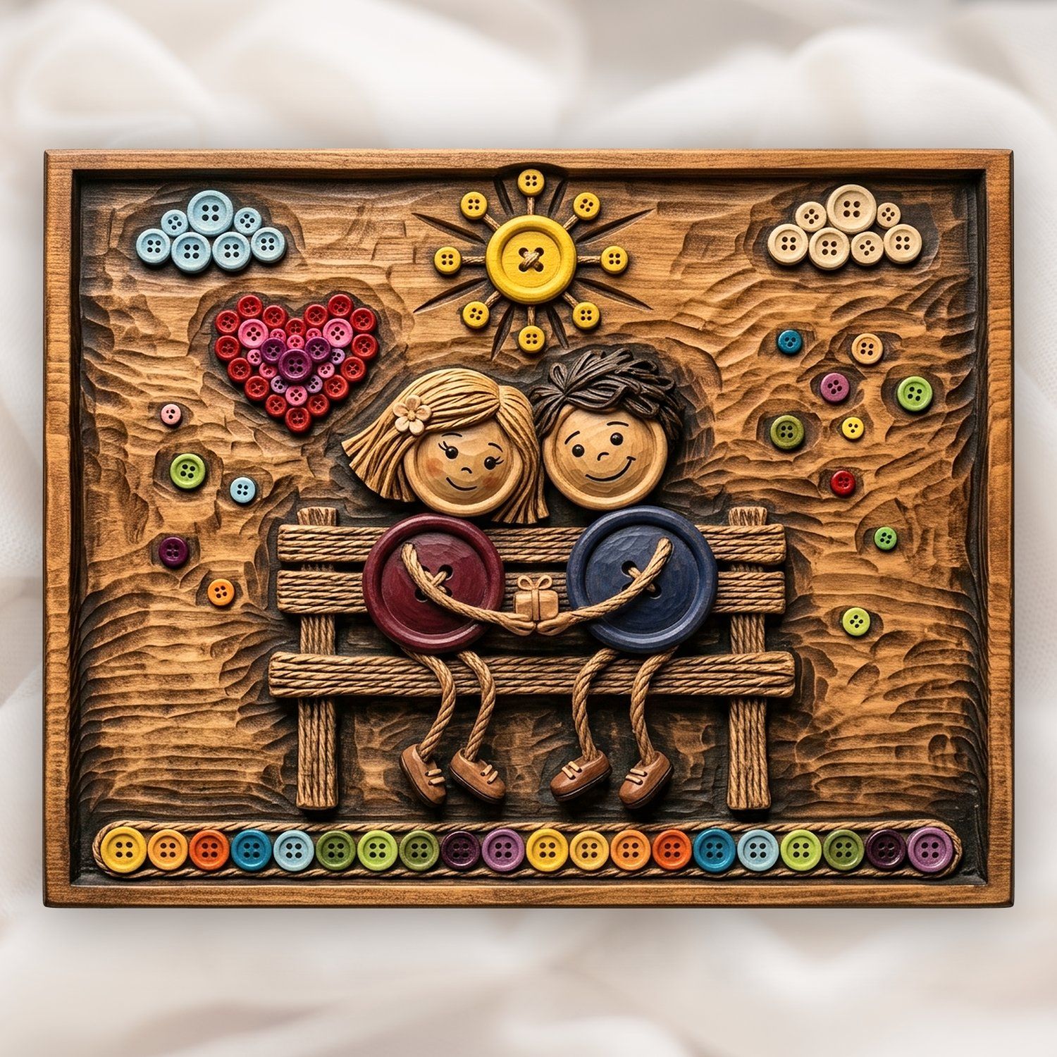 Button Couple Heart Scene CNC Relief STL | Anniversary Wood Carving Design | Romantic Folk Art Wall Decor Panel — carved bas relief STL file for CNC